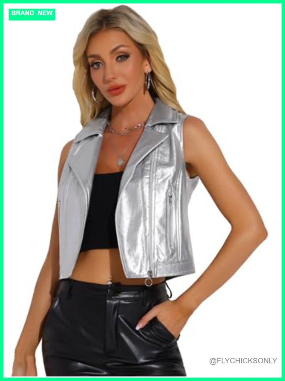 Women's Faux Leather Metallic Vest Sleeveless Crop Vests